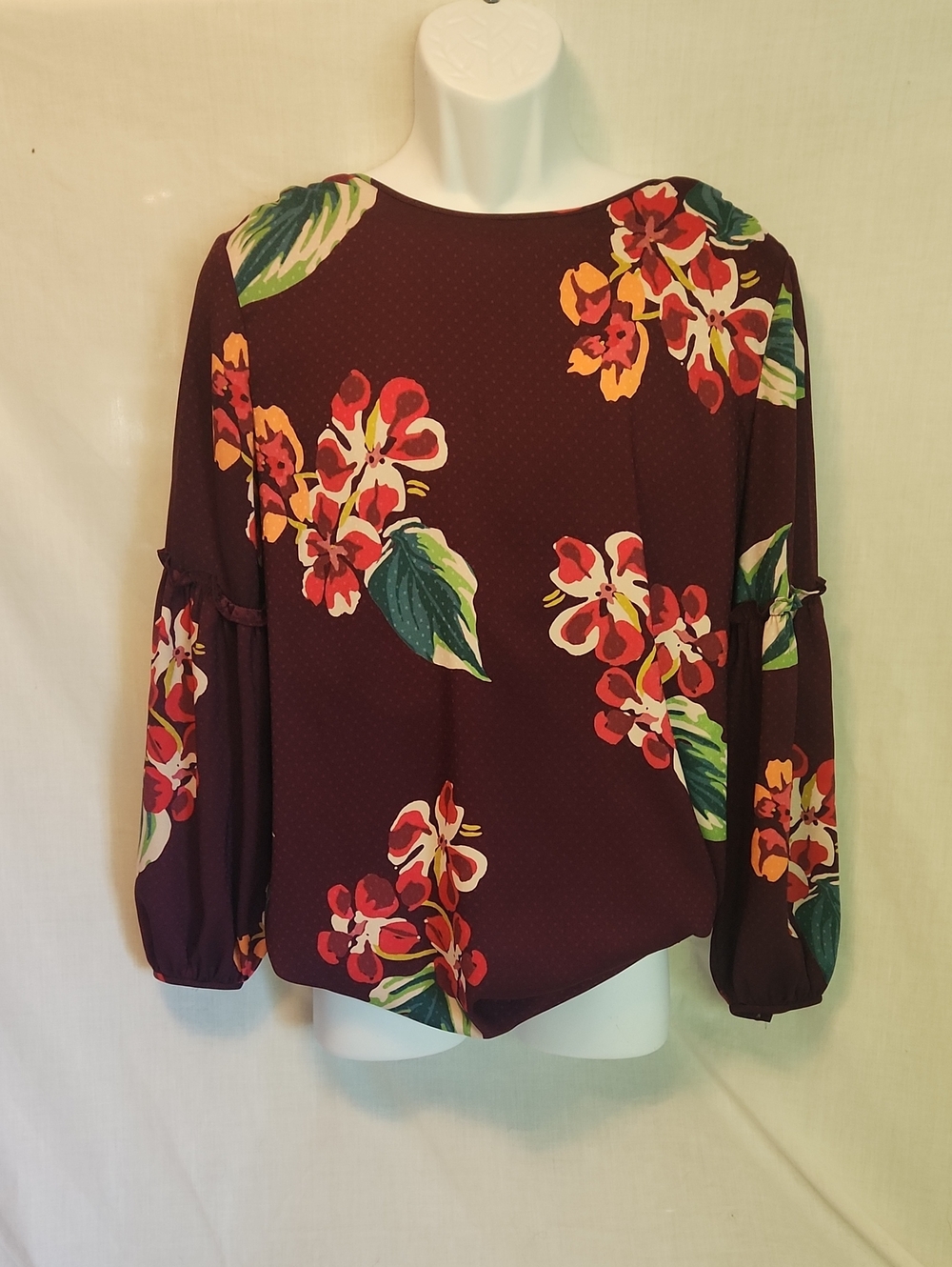 LOFT Wine Floral Balloon-Sleeve Blouse